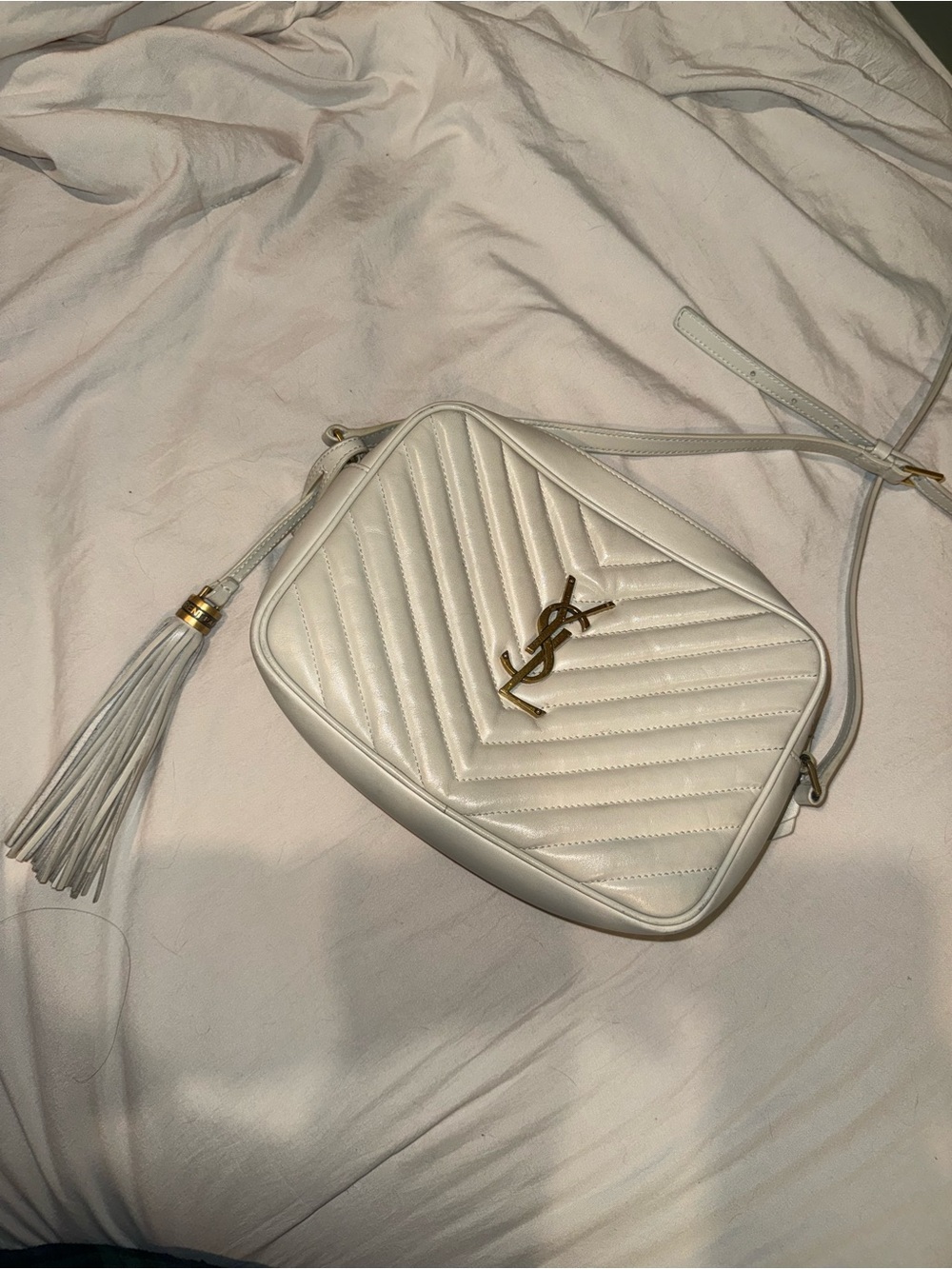 Saint Laurent White Quilted Leather Crossbody with Gold YSL and Tassel